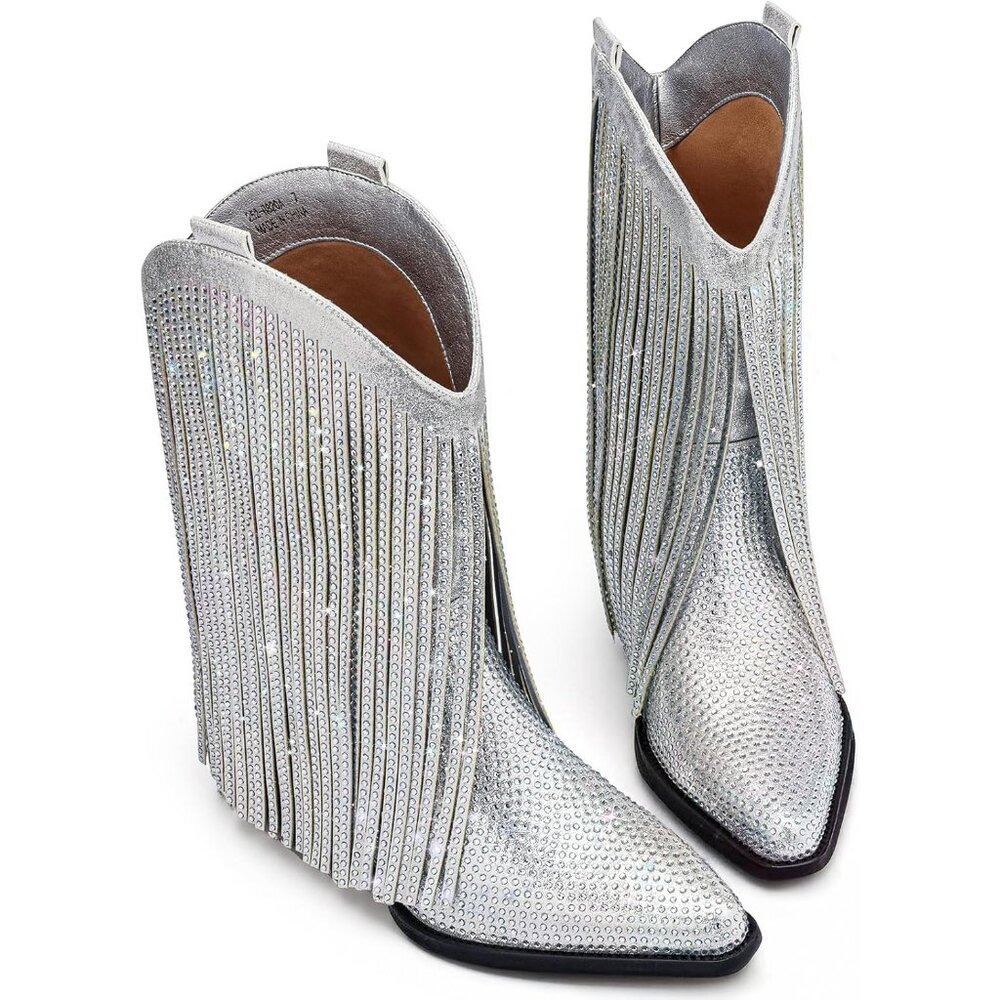 ⚡Women's Silver Mid Calf Cowgirl Boots With Star Studded Pointed Toe Chunky Heel - Picture 5 of 5